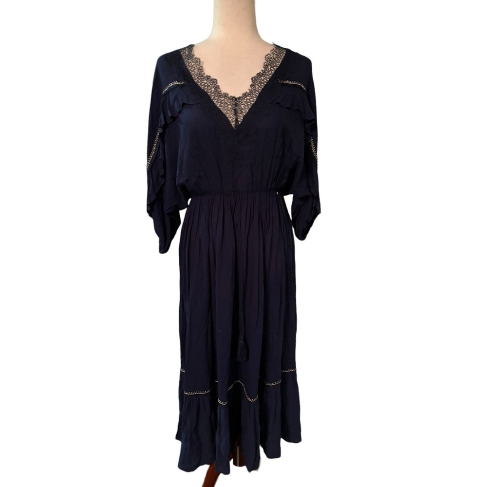 NISSA Lace‎ V Neck Midi Dress Blue Gold Accent Women's Size 8